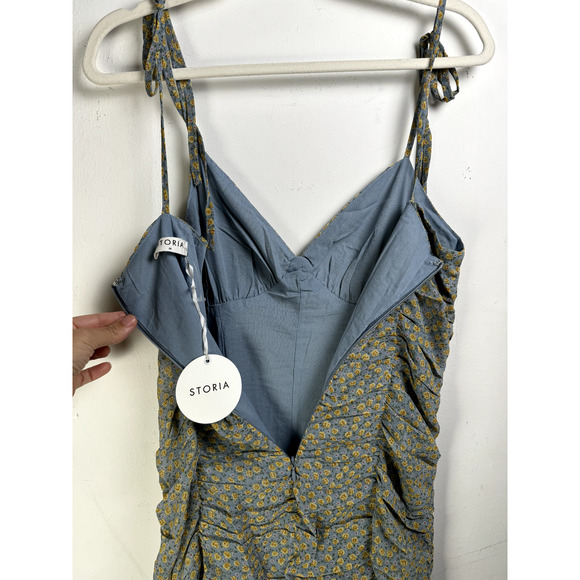 NWT Storia Blue Sweetheart Cottagecore Ditsy Floral Ruched Bodycon Mini Dress - Picture 7 of 9
